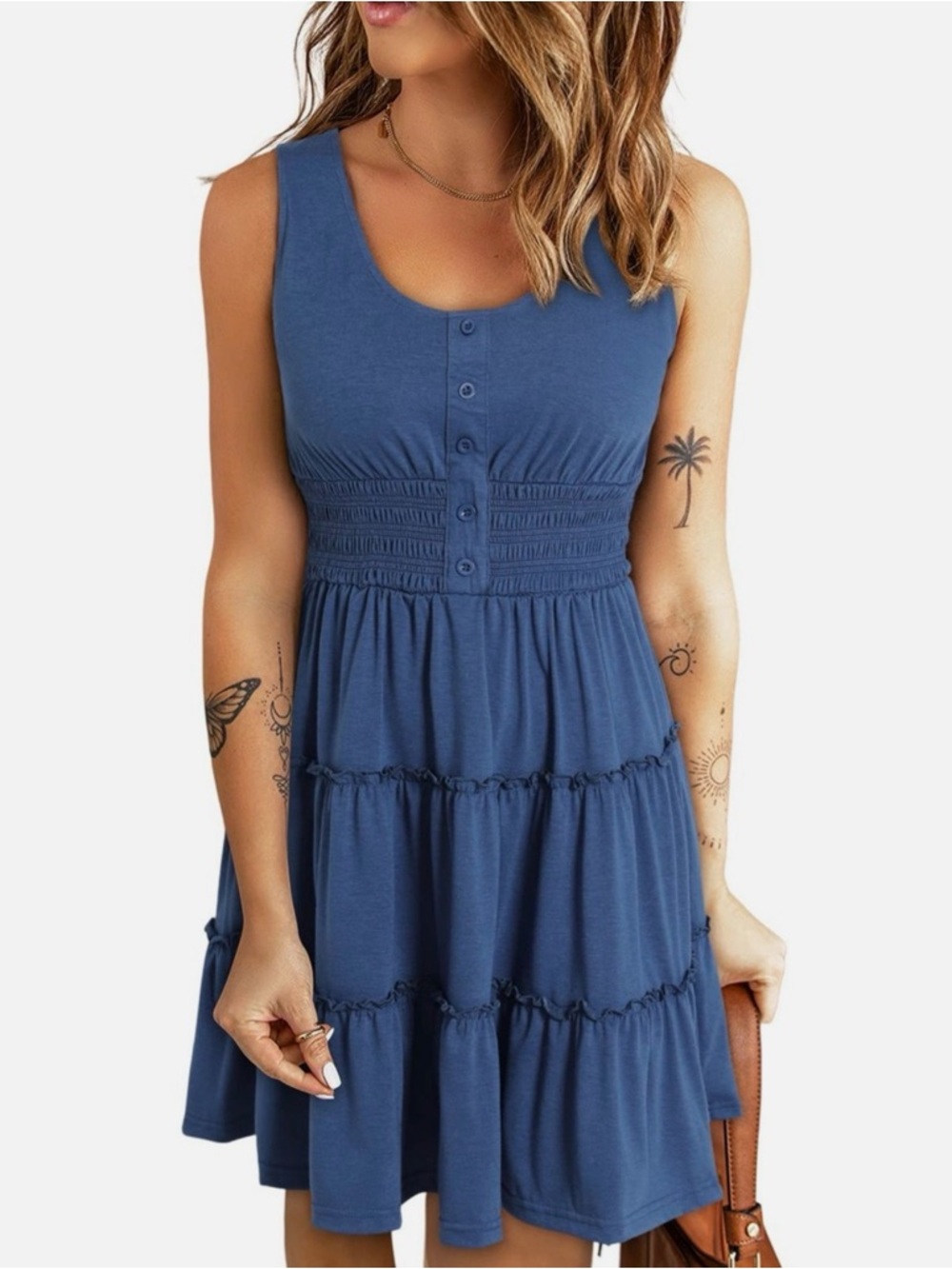 Sleeveless Blue Tiered Button Down Smocked Elastic Waist Summer Dress XL